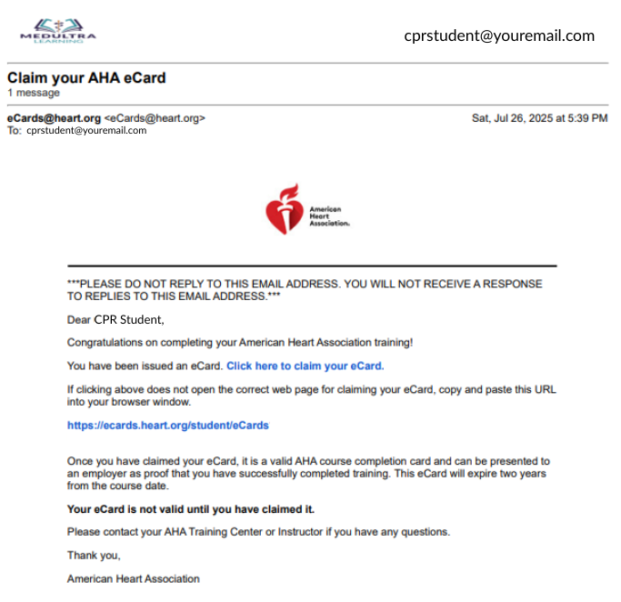 Image of an example email for the American Heart Association to prompt a student to claim their AHA CPR card by following the provided links